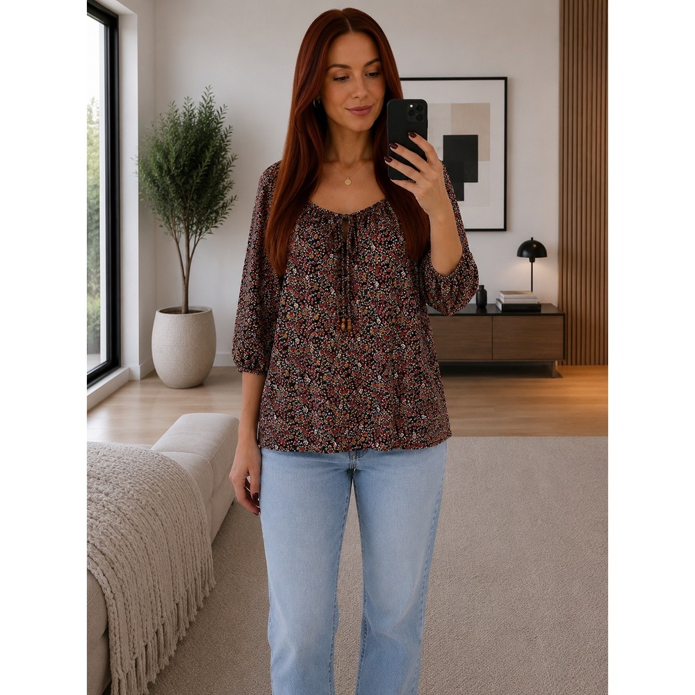Living Doll Los Angeles Floral Boho Blouse Navy Red Ditsy Print Tie Neck Large